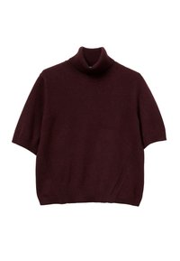 Kurzärmeliger, dunkellila Rollkragenpullover mit gerippten Bündchen und Saum, flach auf weißem Hintergrund präsentiert.