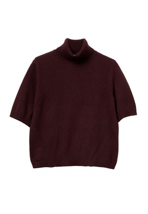 Maglione a collo alto corto di maniche di colore bordeaux scuro, con polsini e orlo a costine, affiché piatto su sfondo bianco.