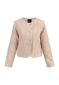Beige rövidített dzseki pink csíkokkal, texturált anyagból készült. Kerek nyakkivágással és két gombos záródással rendelkezik elöl.