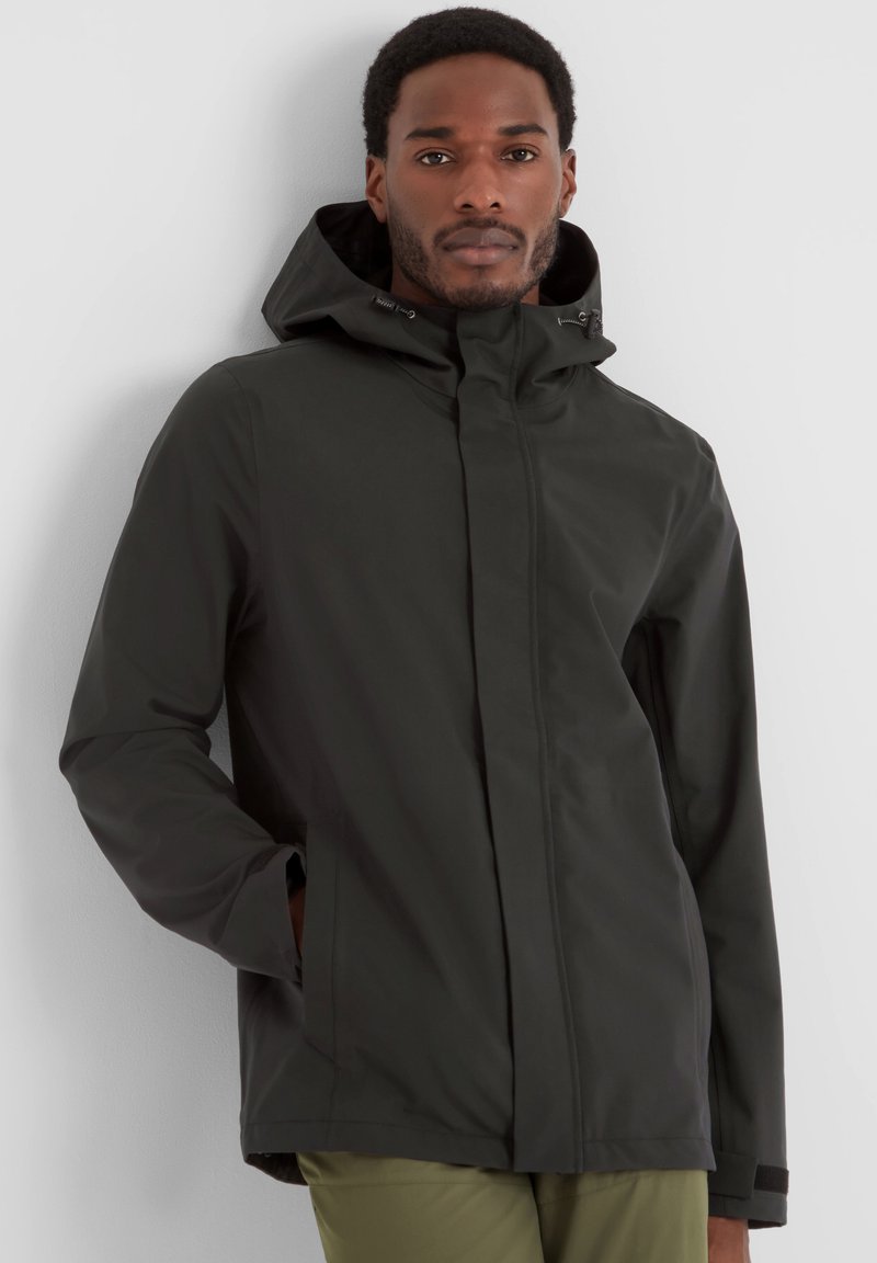 Men's hooded jacket in dark gray, made of waterproof material. Features a front zipper, two side pockets, and adjustable cuffs.