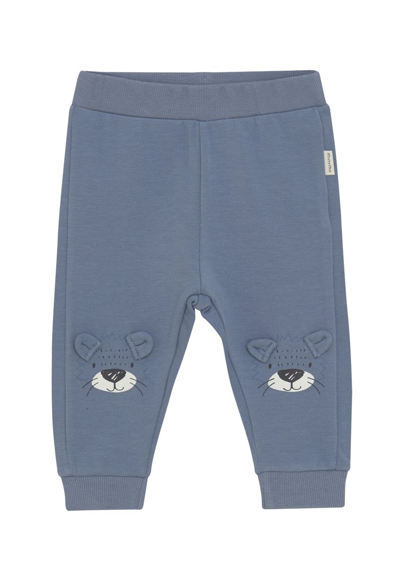 Blaue Baumwollesweatpants mit glatter Textur, featuring einem bedruckten Löwenkopf-Design und 3D-Ohrenakzenten an den Unterschenkeln. Elastischer Bund.