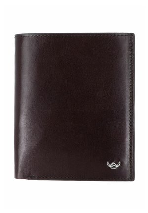 Portefeuille bifold en cuir brun foncé avec une finition lisse et un petit logo de taureau argenté dans le coin inférieur droit.