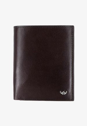 Portefeuille bifold en cuir brun foncé avec une finition lisse et un petit logo de taureau argenté dans le coin inférieur droit.