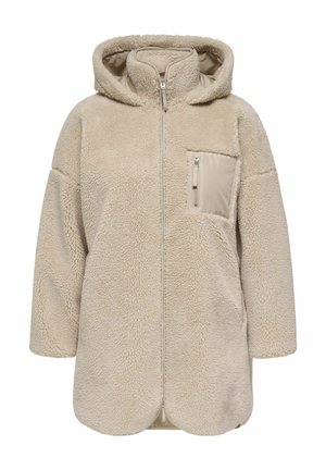 Beige fleecegefütterte Kapuzenjacke mit einem Front-Reißverschluss, großen Taschen und einem glatten Stoffakzent auf der Brusttasche. Abgerundeter Saum.