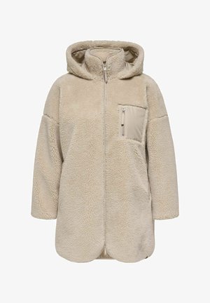 Veste à capuche en polaire beige, doublée, avec une fermeture éclair à l'avant, de grandes poches et un accent en tissu lisse sur la poche poitrine. Ourlet arrondi.