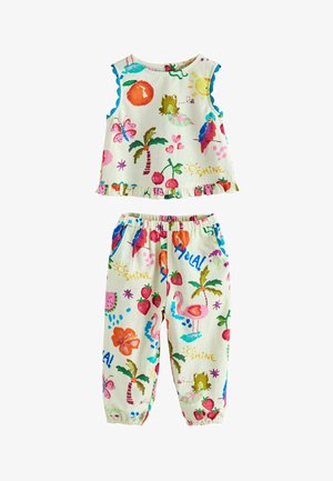 Tielko bez rukávov a elastické nohavice s farebnými tropickými vzormi vrátane žiab, plameniakov, palmových stromov, jahôd a textu "Hola".