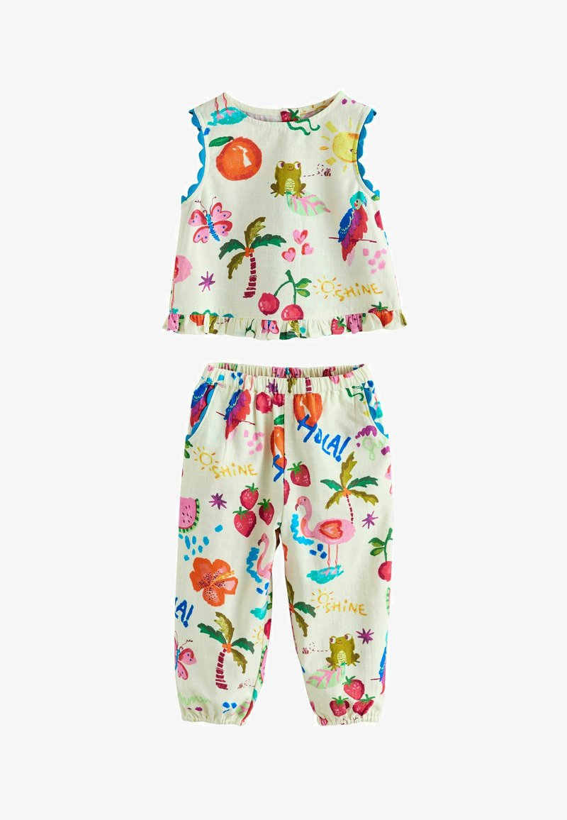 Brezrokavnik in hlače z elastičnim pasom z barvitimi tropskimi potiski, vključno z žabami, plamenci, palmami, jagodami in besedilom "Hola".