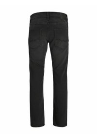 Jeans in denim nero con un design a gamba dritta, dotati di due tasche posteriori e un delicato motivo cucito. Tessuto liscio, vita standard.