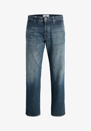 Világoskék farmernadrág egyenes lábbal, klasszikus öt zsebes elrendezéssel és enyhe kopással az elején.