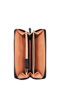 Black wallet with a zip closure, featuring a peach interior. Includes multiple card slots and a zippered compartment for coins.