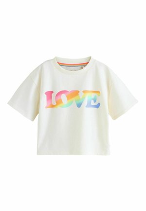 White short-sleeve t-shirt with "LOVE" printed in large rainbow-colored letters across the front.