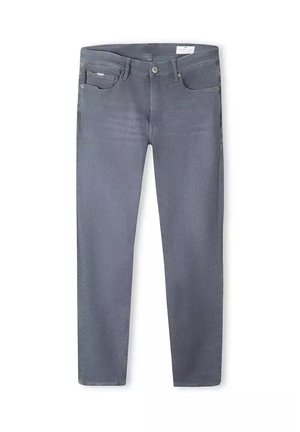 Szare dżinsy o slim fit, pięciopocketowym designie i subtelnej fakturze. Wyposażone w zamek błyskawiczny i metalowy guzik z pętlami na pasek.