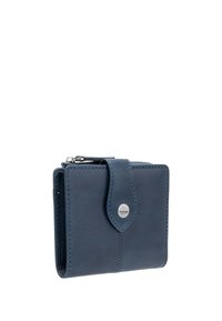 Navy leather wallet with a smooth texture, rectangular shape, snap closure, and a metal accent. Features stitching on edges.
