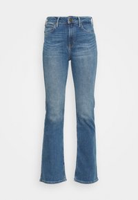 Blå denimflarejeans med hög midja, fem fickor och subtila urtvättning. Tyget har en mjuk textur och förstärkt sömnad.