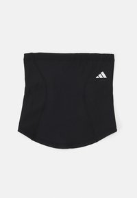 Schwarzes Sport-Stirnband mit glatter Textur, geschwungener Form und elastischem oberen Teil. Verfügt über ein kleines weißes Adidas-Logo an der Seite.
