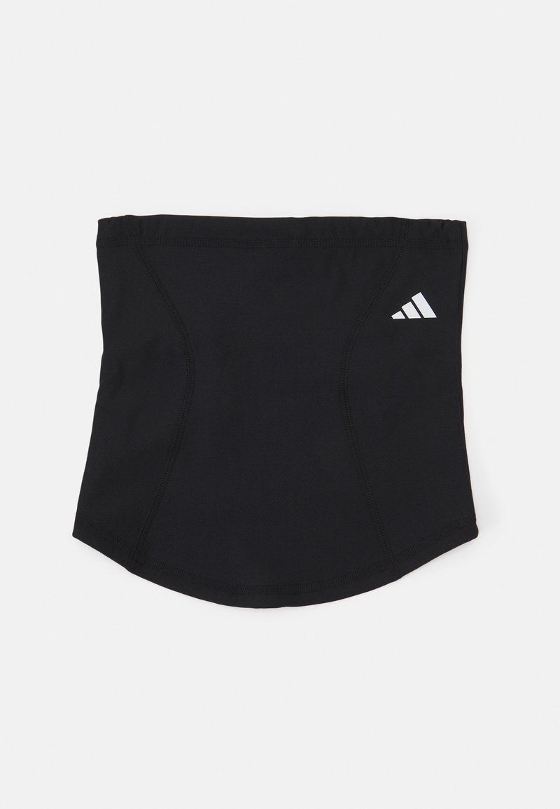 Schwarzes Sport-Stirnband mit glatter Textur, geschwungener Form und elastischem oberen Teil. Verfügt über ein kleines weißes Adidas-Logo an der Seite.