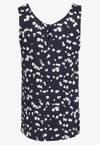 Granatowy top na ramiączkach z kwiatowym wzorem, wykonany z miękkiego materiału, z okrągłym dekoltem, detalem w kształcie dziurki na plecach oraz rozproszonymi białymi i pastelowymi kwiatami.