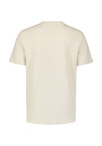 Korte mouwen, crèmekleurig T-shirt van textuurstof met een wafelpatroon; heeft een ronde halslijn en geen zichtbare branding op de achterkant.