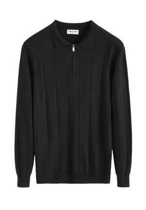 Pull-over en maille noire à manches longues, avec col et fermeture éclair à mi-hauteur à l'avant. Texture côtelée verticale avec une ceinture ajustée à l'ourlet.