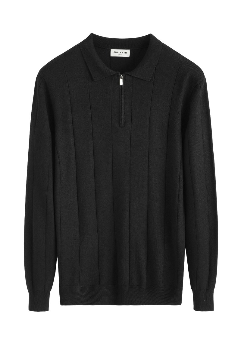 Pull-over en maille noire à manches longues, avec col et fermeture éclair à mi-hauteur à l'avant. Texture côtelée verticale avec une ceinture ajustée à l'ourlet.