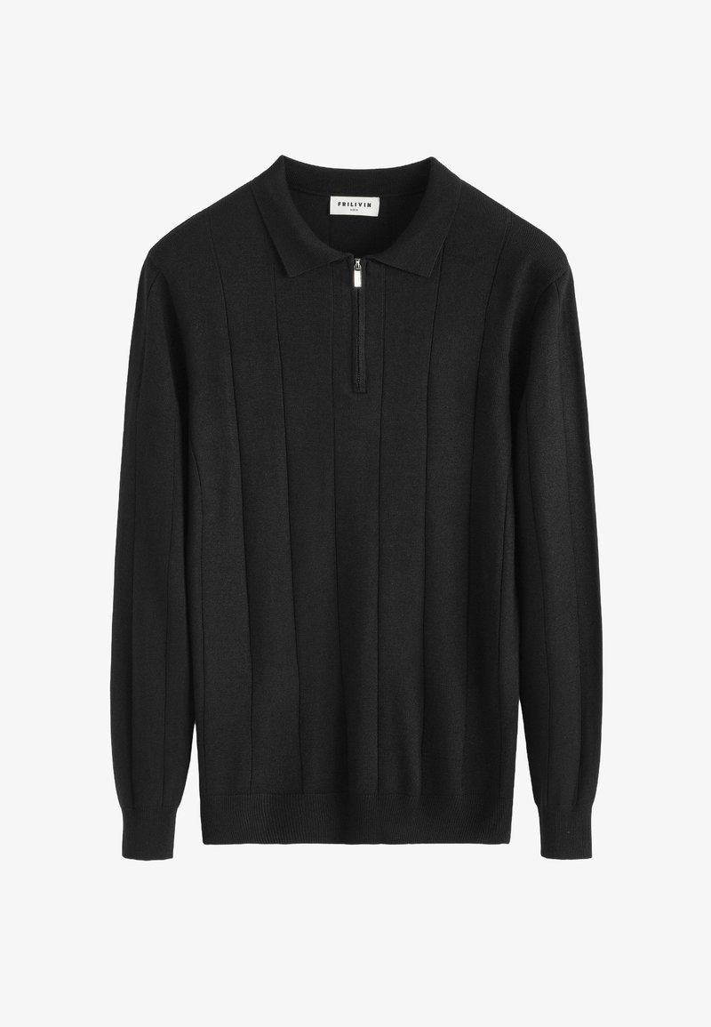 Pull-over en maille noire à manches longues, avec col et fermeture éclair à mi-hauteur à l'avant. Texture côtelée verticale avec une ceinture ajustée à l'ourlet.