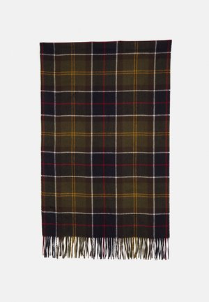 Rectangular dark green plaid scarf with yellow, red, white lines and fringed edges on a white background.