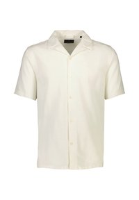 Camisa de manga corta color crema hecha de tejido ligero, con cuello puntiagudo, cierre de botones en la parte frontal y un corte relajado.