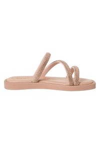 Infradito rosa chiaro con tre cinturini scintillanti. Sottopiede morbido e liscio e suola in gomma leggera. Design minimalista.