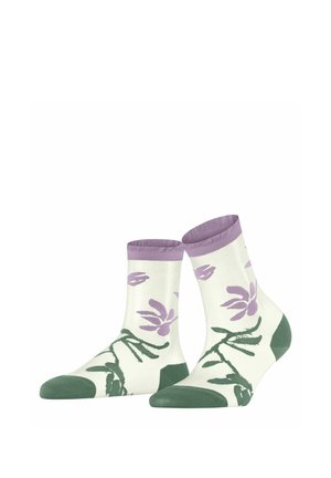Kremowe skarpetki do kostek z fioletowymi motywami kwiatowymi, zielonymi liśćmi, zielonym obcasem i palcami oraz fioletowymi ściągaczami.