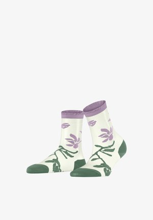 Chaussettes basses crème avec motifs floraux violets, feuilles vertes, talon et orteil verts, et bandes de poignet violettes.