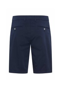Marineblaue Shorts aus leichtem Stoff mit glatter Textur. Verfügt über zwei Gesäßtaschen mit Knopfverschluss und Seitennaht.
