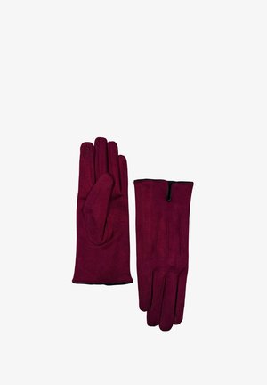Guanti color bordeaux in tessuto morbido, caratterizzati da un design elegante, cuciture discrete e polsino con cerniera per una facile vestibilità.