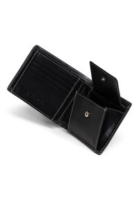 Black leather wallet with white stitching, featuring multiple card slots and two compartments with snap closure. Compact, functional design.
