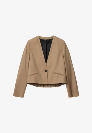 Beige cropped blazer med lange ærmer, enkelt sort knaplukning, to forlommer med paspolerede kanter og sort indvendigt foer.