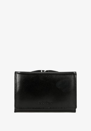 Schwarzes Lederportemonnaie mit glatter Textur, kompaktem rechteckigem Design, ausgestattet mit einem Druckknopfverschluss und einem geprägten Logo auf der Vorderseite.