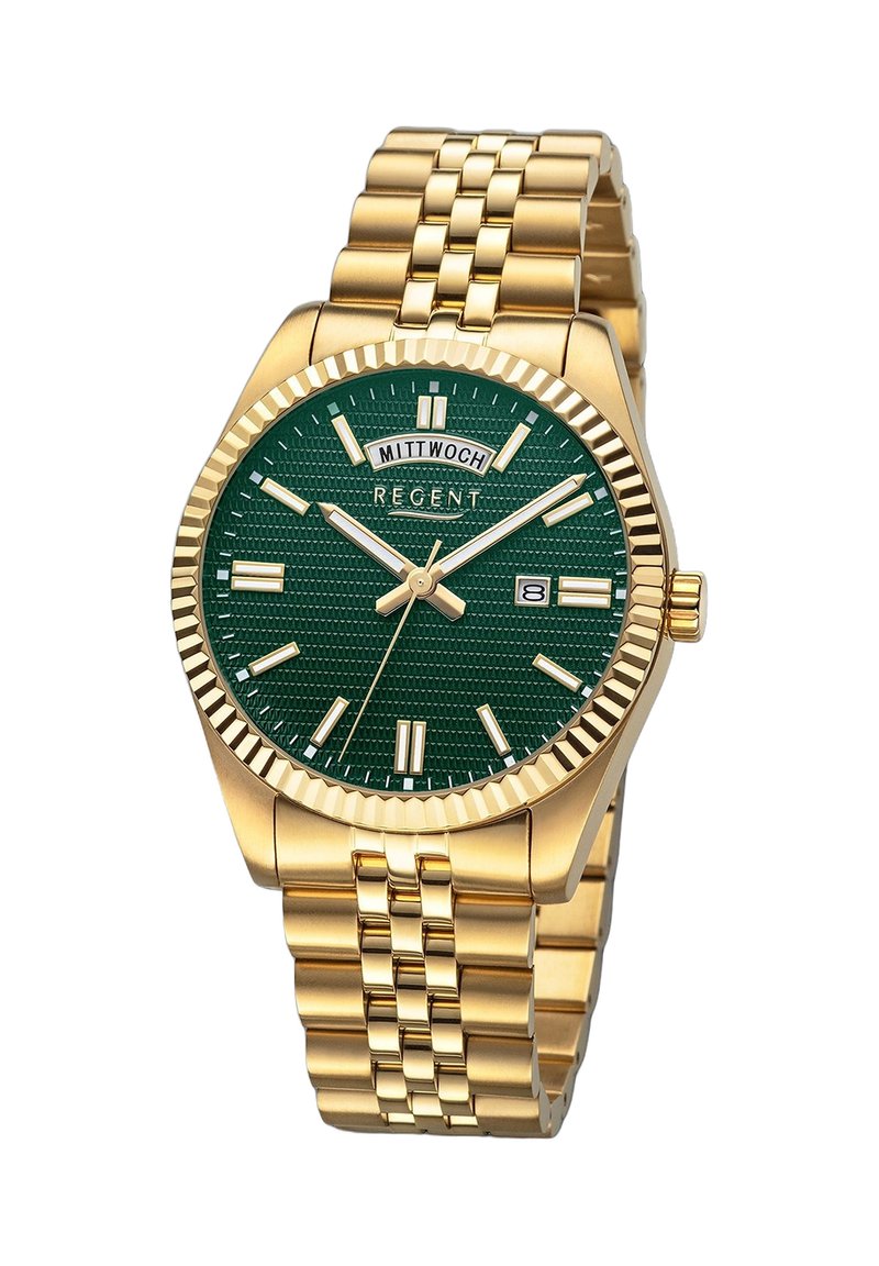 Montre-bracelet dorée avec un cadran vert texturé, des index horaires en argent et fonction date. Elle est dotée d'un bracelet en maillons métalliques et d'une lunette cannelée.