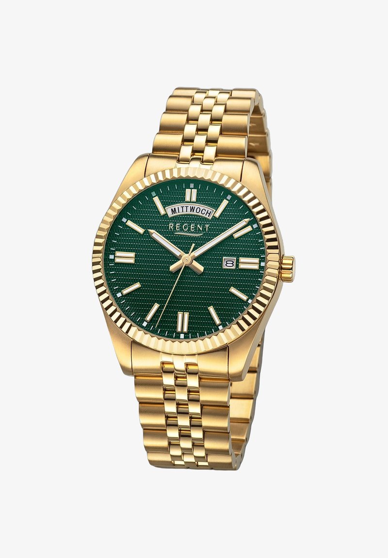 Montre-bracelet dorée avec un cadran vert texturé, des index horaires en argent et fonction date. Elle est dotée d'un bracelet en maillons métalliques et d'une lunette cannelée.