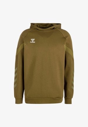 Sweat à capuche vert olive en tissu texturé, avec un logo à l'avant et des motifs chevron sur les manches. Poche kangourou et ourlet côtelé.