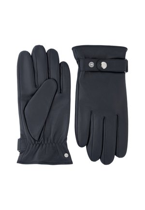 Black leather gloves, one showing palm with elastic wrist, the other with strap and silver snap button on back of hand.