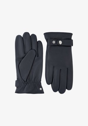 Black leather gloves, one showing palm with elastic wrist, the other with strap and silver snap button on back of hand.