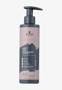 Bottiglia di maschera da 300 ml di colore rosa polveroso con pompa grigia, caratterizzata da testo nero e un design minimalista, comprensivo di etichette vegane e certificate PETA.