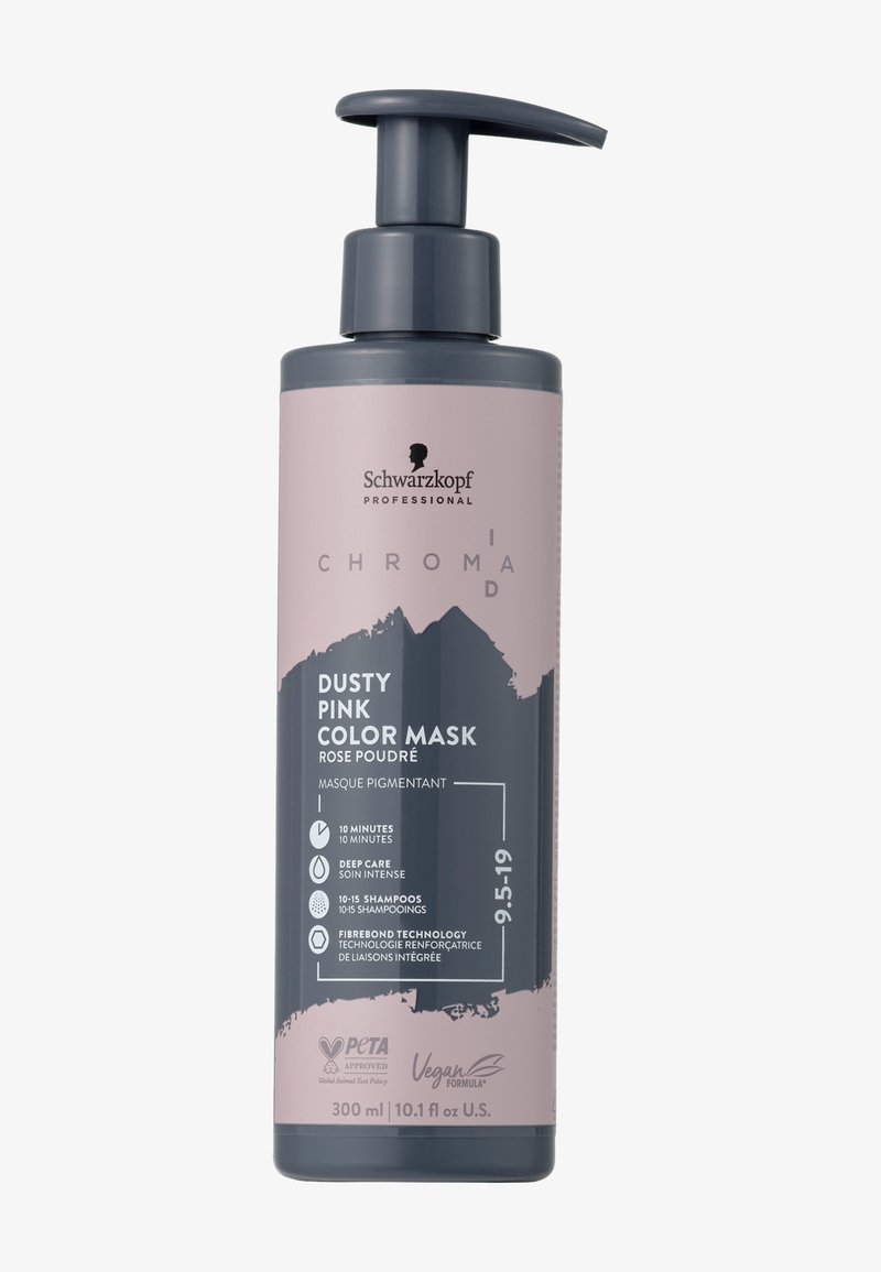 Bottiglia di maschera da 300 ml di colore rosa polveroso con pompa grigia, caratterizzata da testo nero e un design minimalista, comprensivo di etichette vegane e certificate PETA.