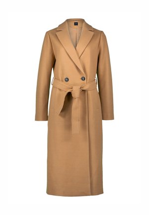 Camel-colored long coat with double-breasted front, notched lapels, side pockets, and a tie belt. Made of a textured fabric.