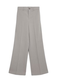 Pantaloni grigi chiari a gamba larga con fronte piatto, chiusura con un bottone e senza tasche. Realizzati in tessuto liscio con un design su misura.
