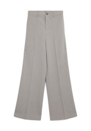 Light gray wide-leg trousers with a flat front, single button closure, and no pockets. Made of smooth fabric with a tailored design.