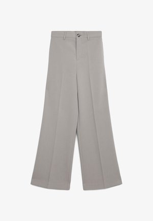 Light gray wide-leg trousers with a flat front, single button closure, and no pockets. Made of smooth fabric with a tailored design.