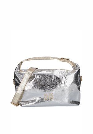 Shiny silver rectangular handbag with gold strap and gold "ALIX" logo on the front, displayed against a white background.