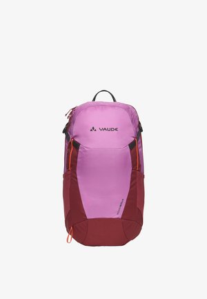 Sac à dos compact Vaude Wizard W22+ violet et rouge avec poche avant, deux poches latérales en mesh et poignée de transport supérieure.
