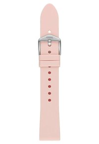 Bracelet en silicone rose avec des extrémités arrondies, boucle en acier inoxydable et plusieurs trous d'ajustement pour personnaliser la taille.