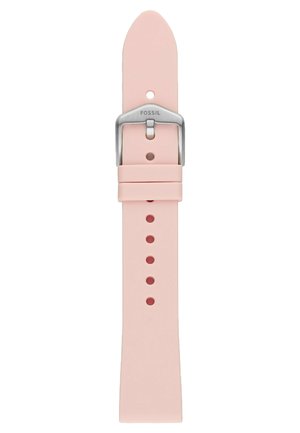 Bracelet en silicone rose avec des extrémités arrondies, boucle en acier inoxydable et plusieurs trous d'ajustement pour personnaliser la taille.